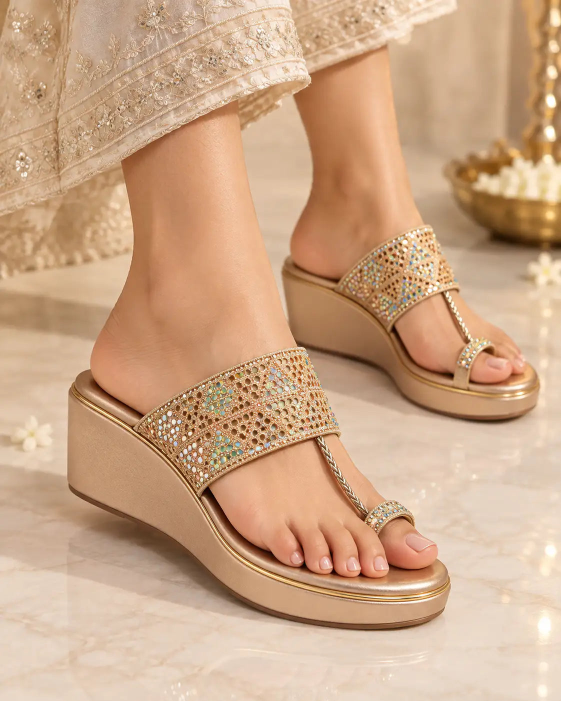 Embellished Toe-Loop Wedges