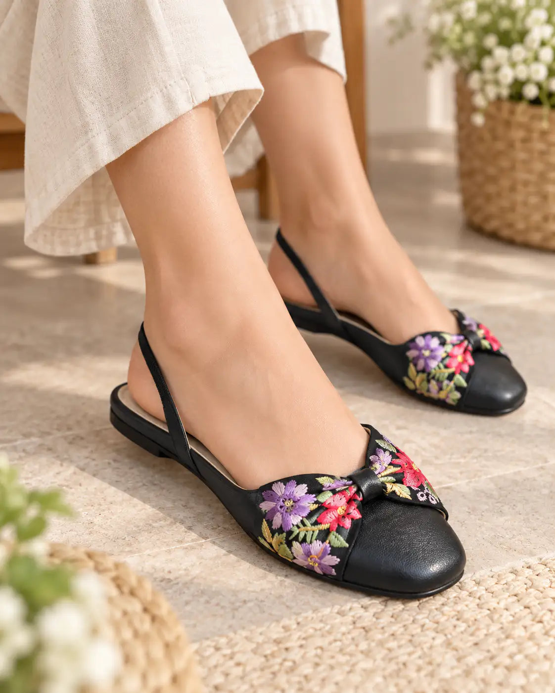 Embroidered Bow Mules